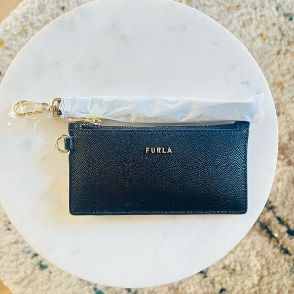 FURLA Classic Credit Card‎ Case Leather Wallet Wristlet, Black, Wrist Strap, NWT - Picture 8 of 16